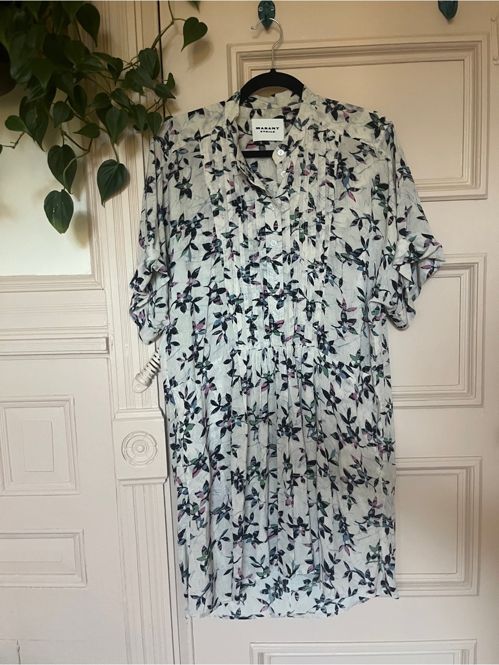 Isabel Marant White Floral Pintuck Silk Mini Dress, pockets, oversize fit small